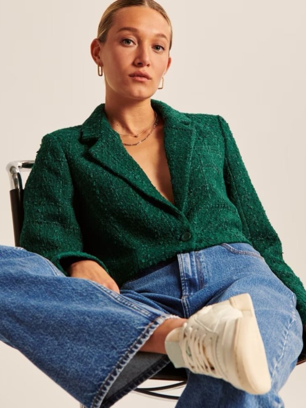 Emerald Green Abercrombie & Fitch Cropped Tweed Blazer